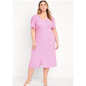 Old Navy Pink Ditsy Floral Midi Dress Cottagecore Waist Defined Size M